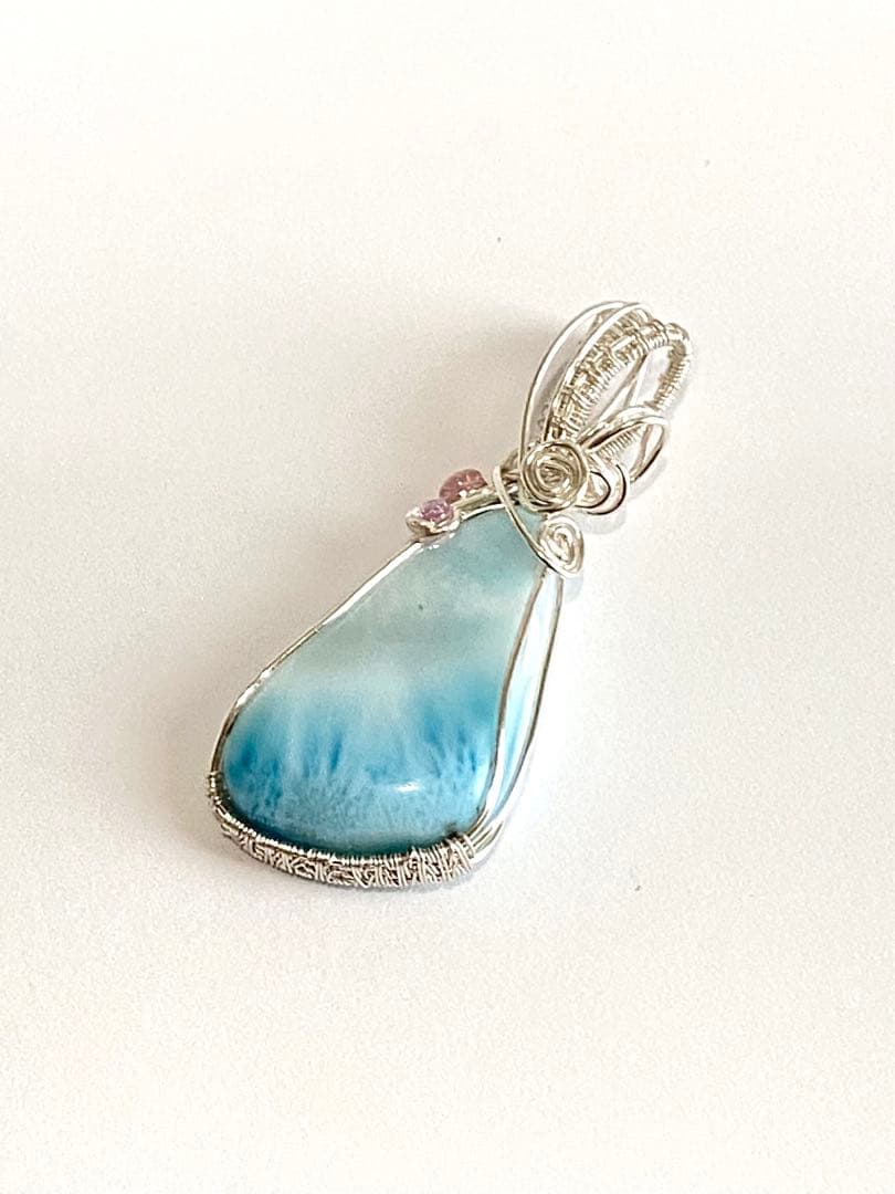 【極美品】天然石ラリマー＊ワイヤーアートペンダントトップ　海模様　ハンドメイド