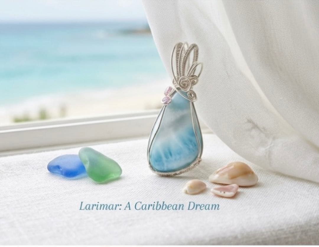 【極美品】天然石ラリマー＊ワイヤーアートペンダントトップ　海模様　ハンドメイド