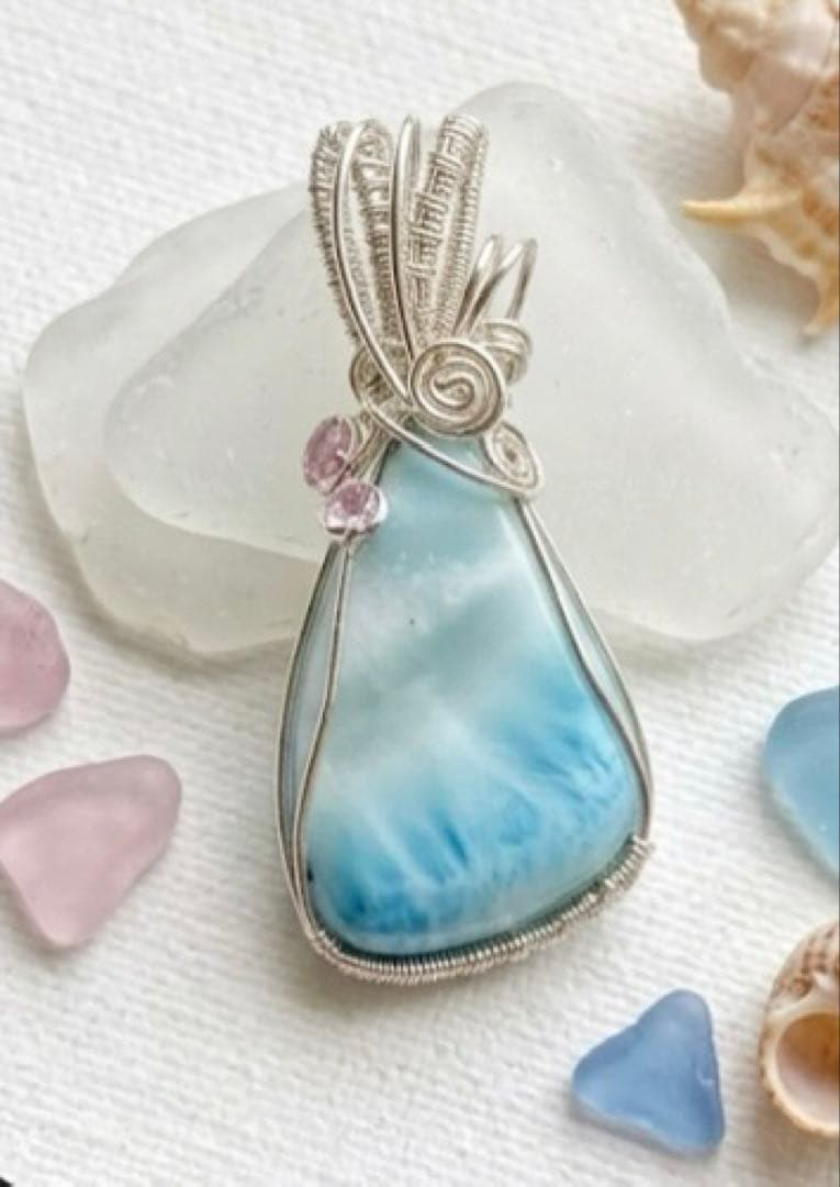 【極美品】天然石ラリマー＊ワイヤーアートペンダントトップ　海模様　ハンドメイド