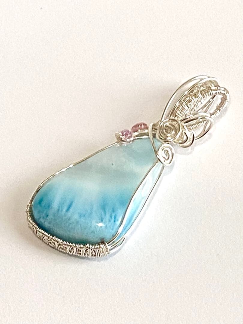 【極美品】天然石ラリマー＊ワイヤーアートペンダントトップ　海模様　ハンドメイド