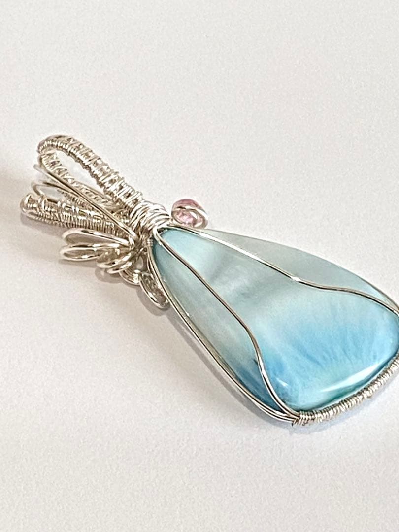 【極美品】天然石ラリマー＊ワイヤーアートペンダントトップ　海模様　ハンドメイド