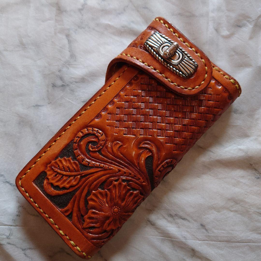 チェルシーヴィンテージカービングレザーオレンジ レザー 長財布 手掘り