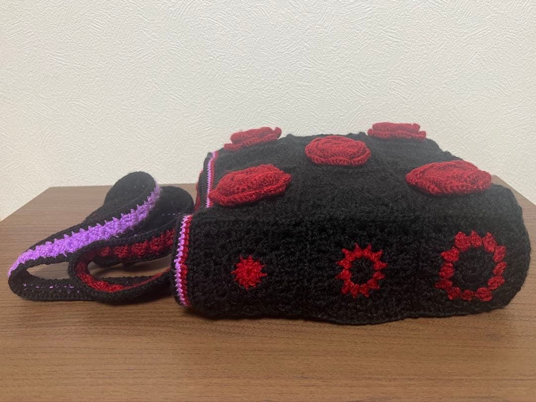 バラモチーフ トートバッグ 黒赤紫　カギ編みハンドメイド