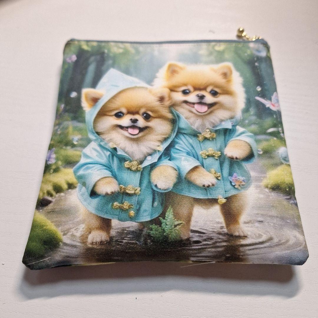 激レアポメラニアンパネル生地　ハンドメイド フラットポーチ