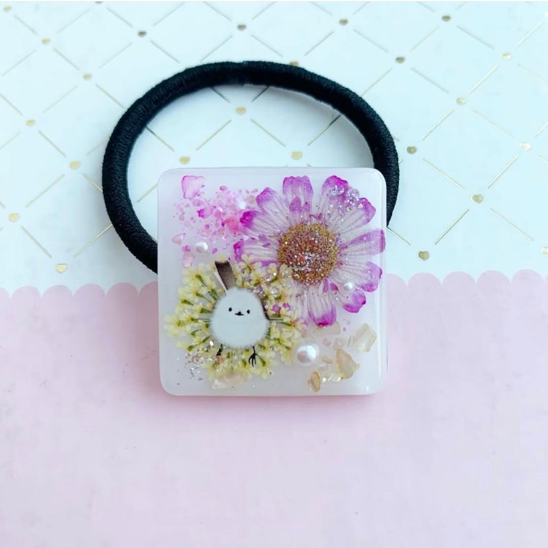 【3653】難あり・シマエナガ スクエア型ヘアゴム 黄色いレースフラワー