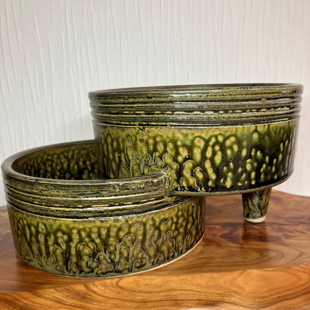 東洋社製　生け花用花瓶　2段　ヴィンテージ　オリーブ色　ミッドセンチュリー