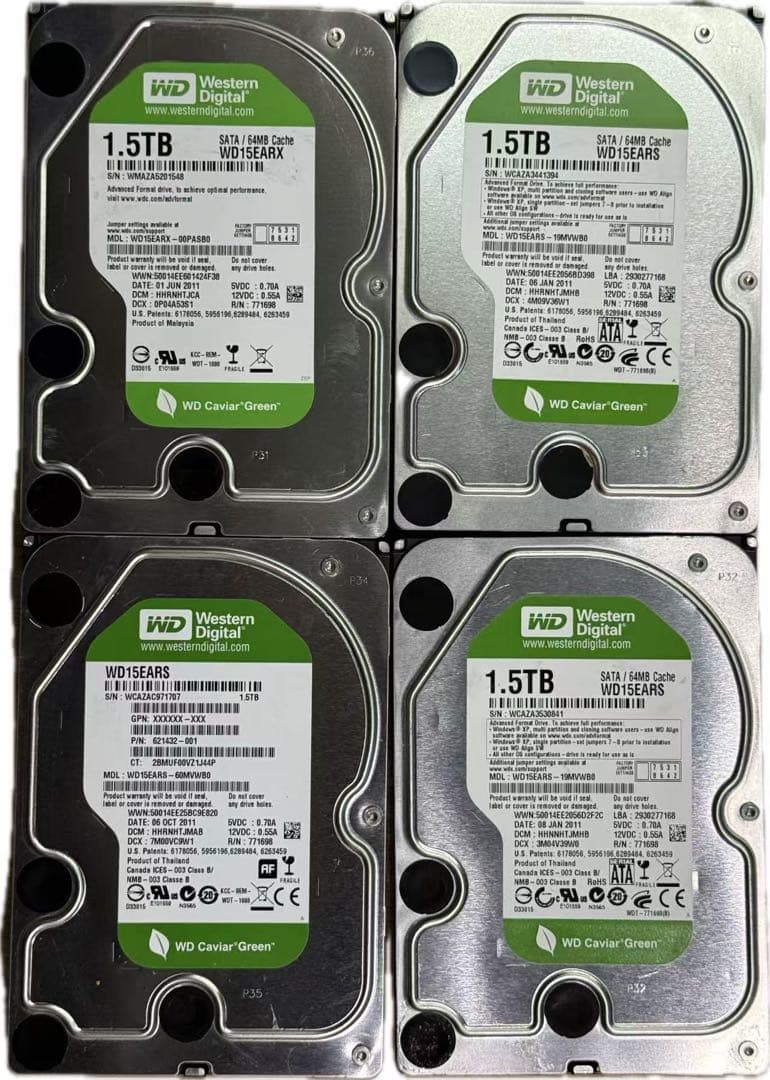 すべて使用時間0H WDC 1.5TB HDD 4台／組