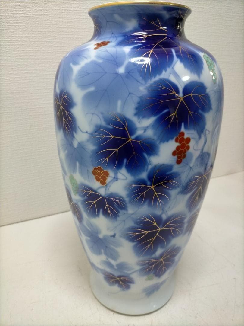 藍染調 金彩 葡萄文 大型 花瓶 壺 飾壺 和風 陶磁器　青　251217-4Y