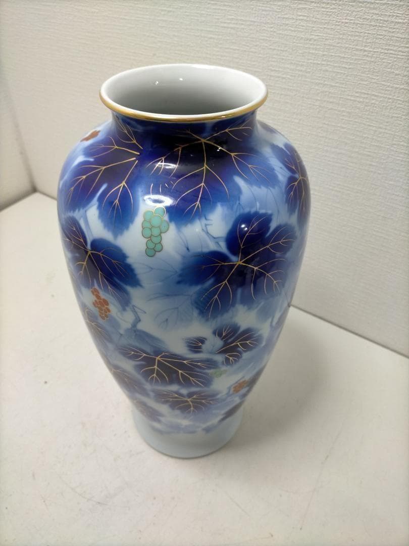 藍染調 金彩 葡萄文 大型 花瓶 壺 飾壺 和風 陶磁器　青　251217-4Y
