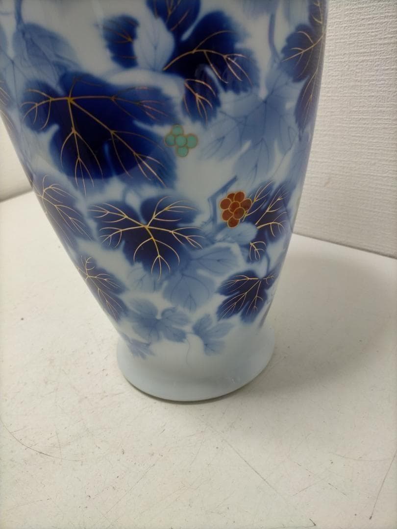 藍染調 金彩 葡萄文 大型 花瓶 壺 飾壺 和風 陶磁器　青　251217-4Y