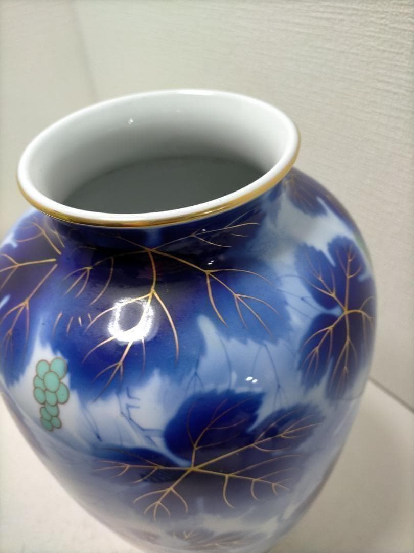 藍染調 金彩 葡萄文 大型 花瓶 壺 飾壺 和風 陶磁器　青　251217-4Y