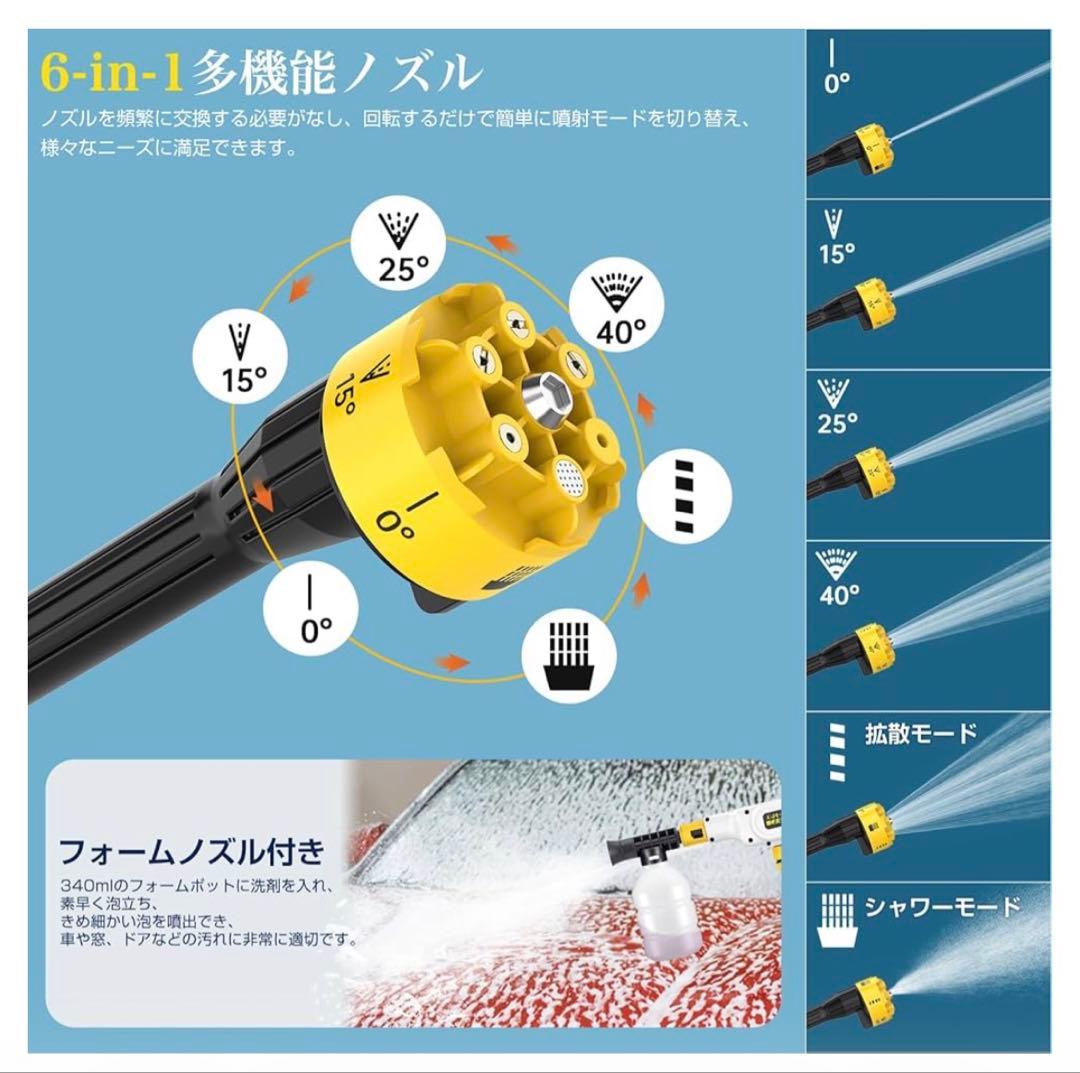 コードレス高圧洗浄機 充電式 2500mAh 9.25WH バッテリー 6in1
