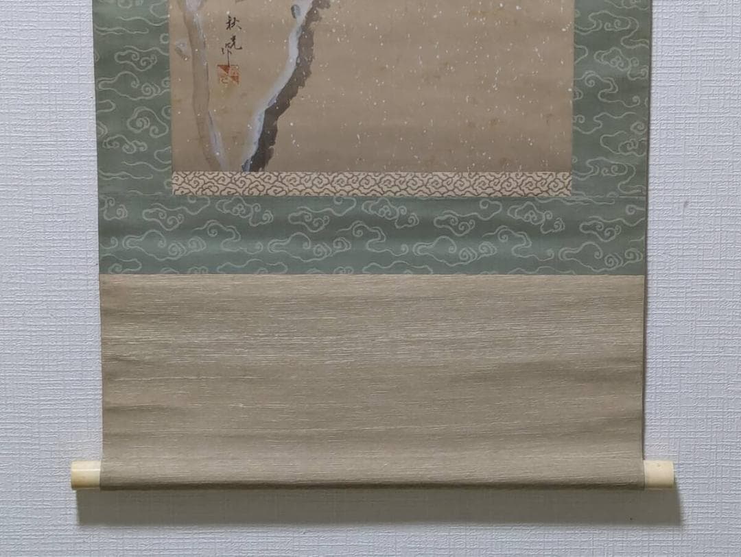 【真作】掛軸　雪中南天小禽図　古画　冬景色　南天に小鳥　合箱入　U109