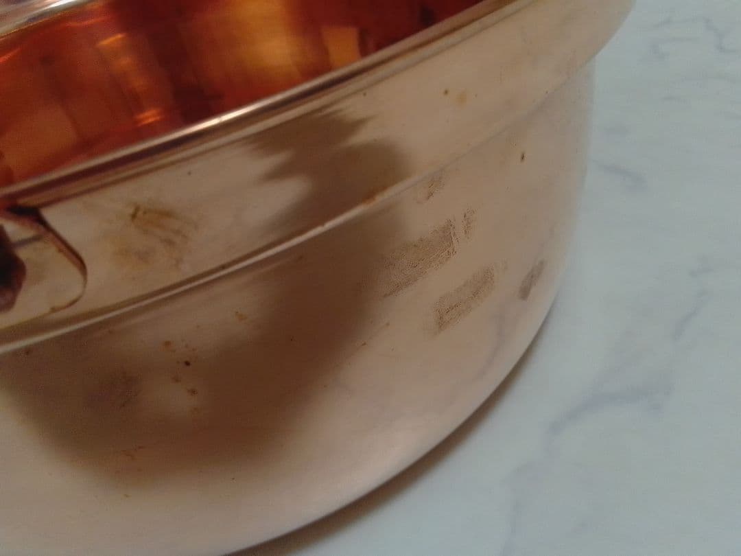 未使用 山菜鍋 純銅鍋 直径約33cm くすみ、変色有り 木蓋付 囲炉裏鍋