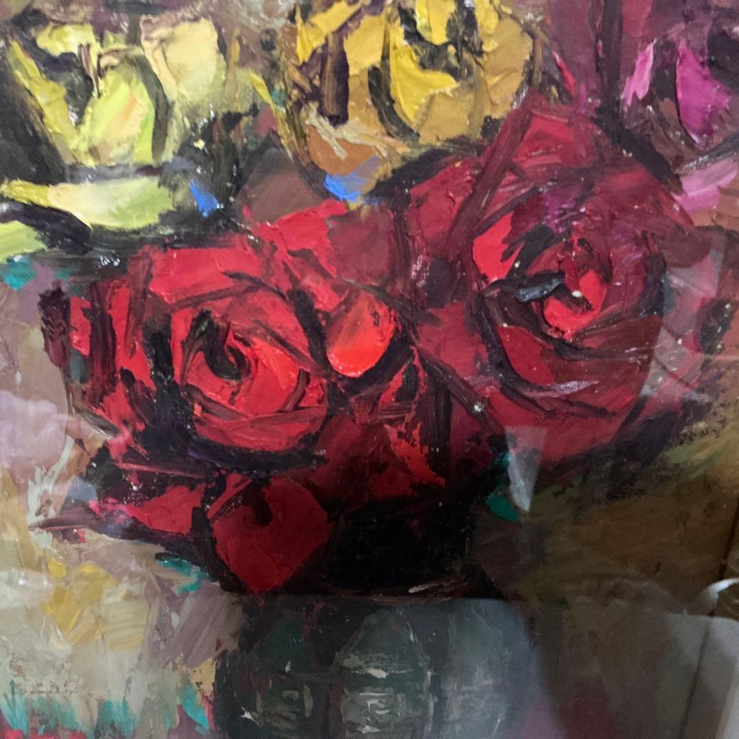 【真作】　長尾美智子　油絵　『薔薇』　F4号　サイン・裏書き有　額装