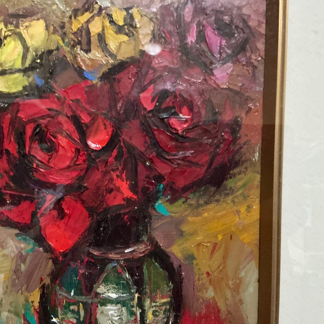 【真作】　長尾美智子　油絵　『薔薇』　F4号　サイン・裏書き有　額装