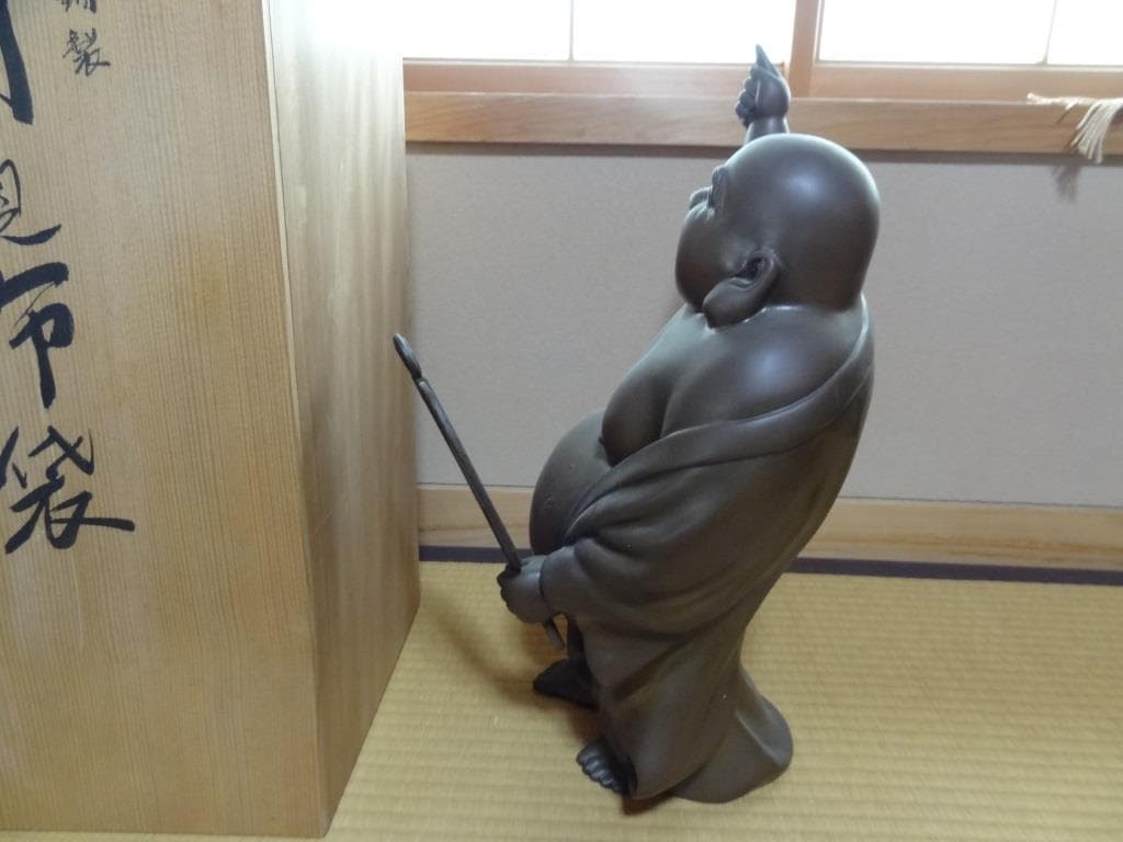 青銅製　月見布袋　青銅布袋様置物　七福神 縁起物　オブジェ　重量約16㎏