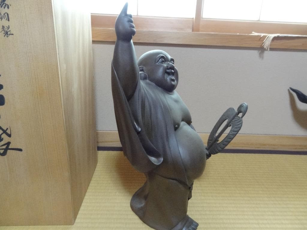 青銅製　月見布袋　青銅布袋様置物　七福神 縁起物　オブジェ　重量約16㎏