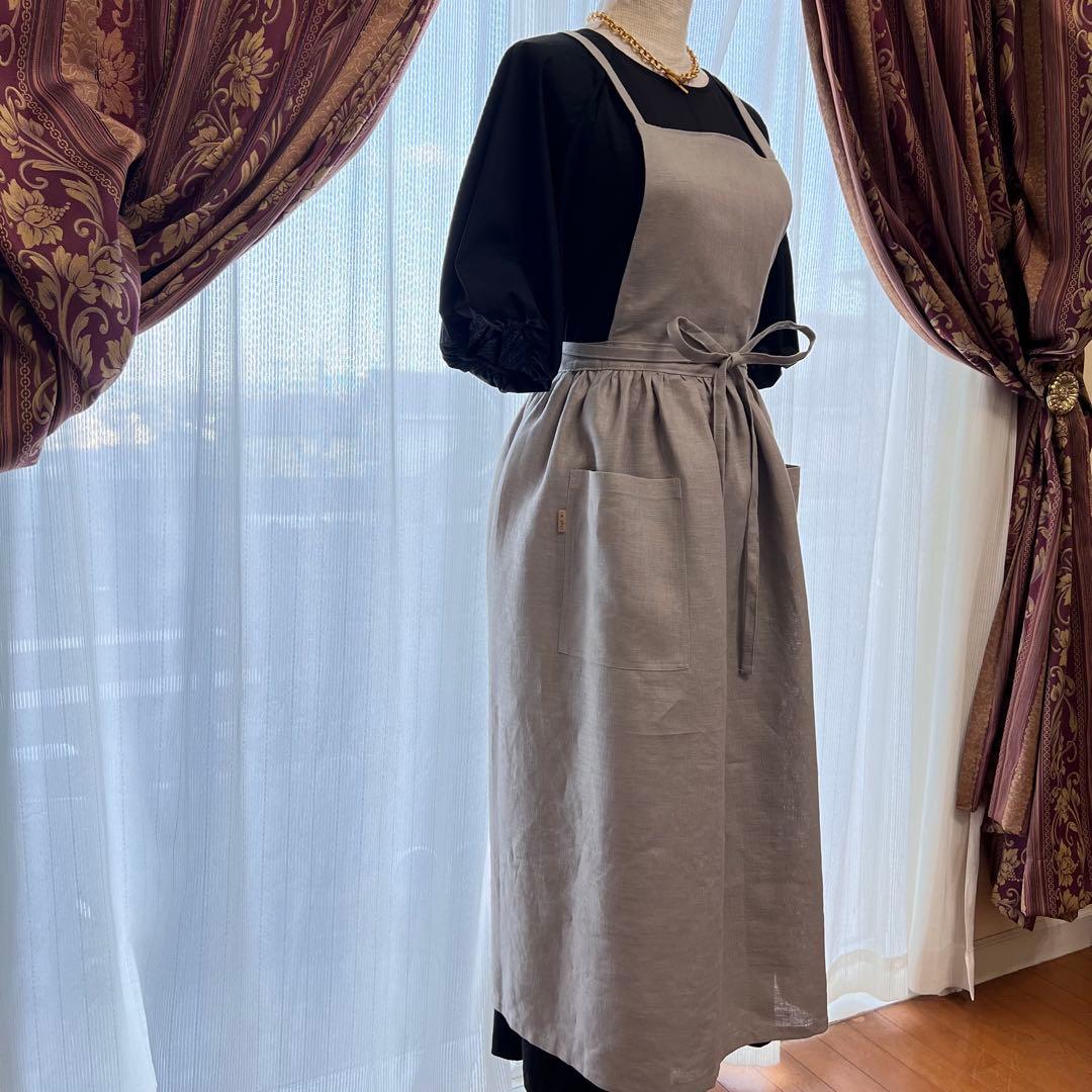 リネンの2wayギャザーエプロン モーヴピンク ハンドメイド
