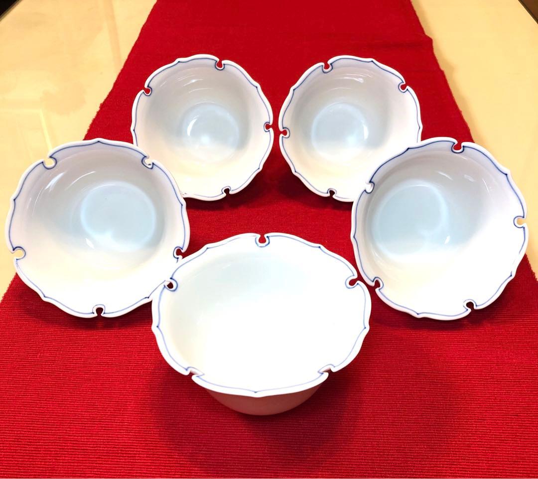 波佐見焼 洸琳窯 渕線 雪輪型 小鉢揃5個【未使用保管品】