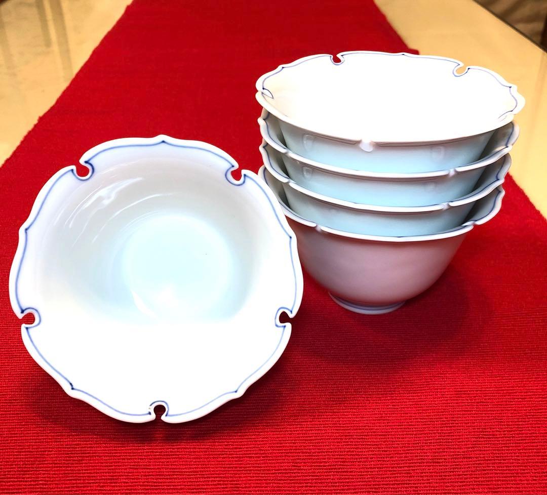 波佐見焼 洸琳窯 渕線 雪輪型 小鉢揃5個【未使用保管品】