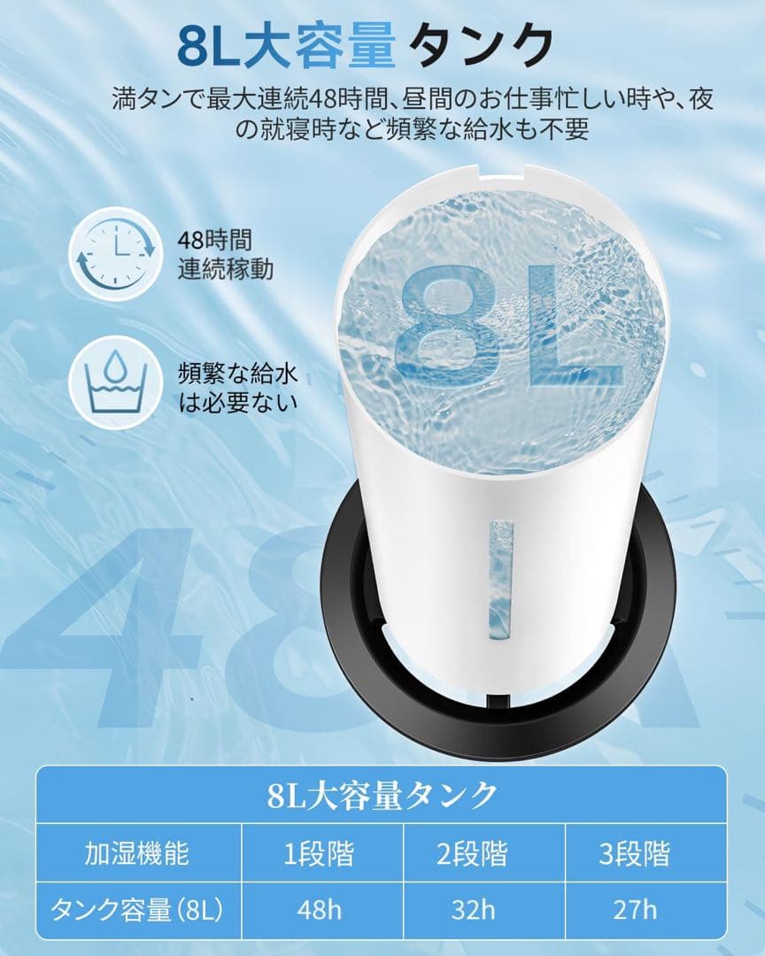 新品！加湿器　大容量　8L 超音波加湿器アロマ対応　乾燥対策　リモコン付き除菌