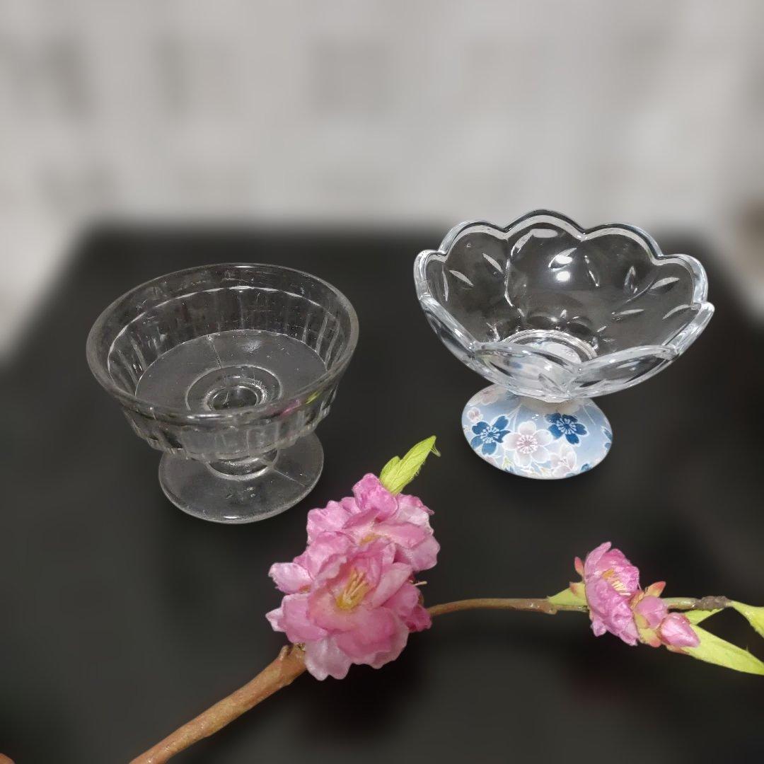 和柄陶器 ガラスサンデーカップ 昭和レトロかき氷グラス、氷コップ 3点セット