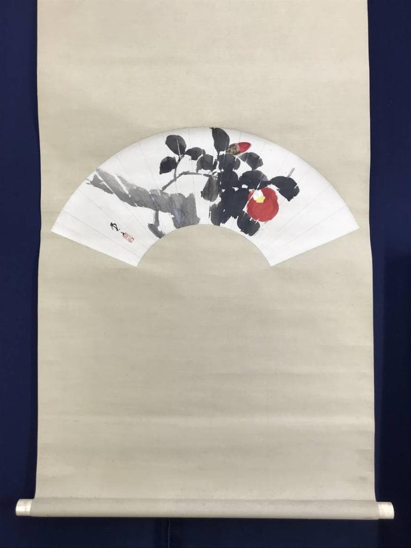 【真作】華舟/扇面椿図/花図/椿図/横物/掛軸/名家伝来/AD-368