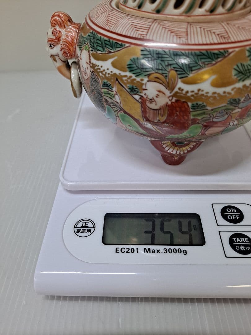 九谷焼 未使用 耳付き 三つ足香炉 赤絵 つまみ狛犬 アンティーク