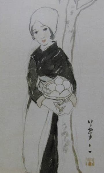 竹久夢二、【柿の下の女】、希少な大判額装用画集より、美品、新品額装付