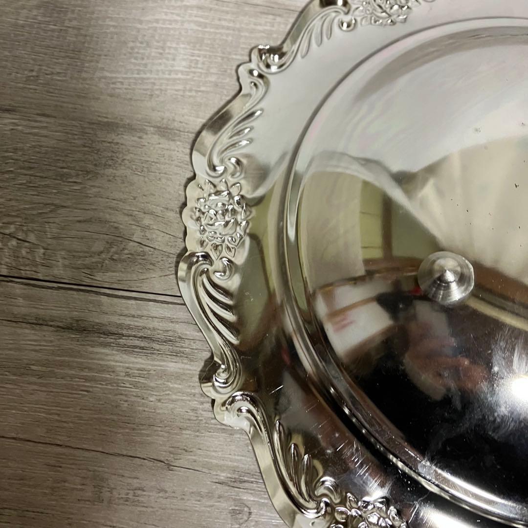 D-5 銀仕上げ シルバーボウル 菓子器 バラ レリーフ 足付き飾り皿