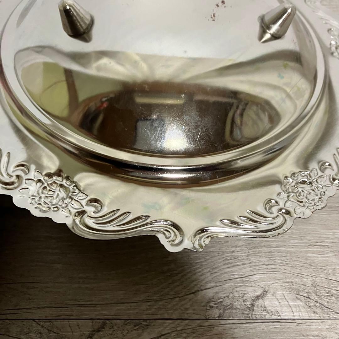 D-5 銀仕上げ シルバーボウル 菓子器 バラ レリーフ 足付き飾り皿