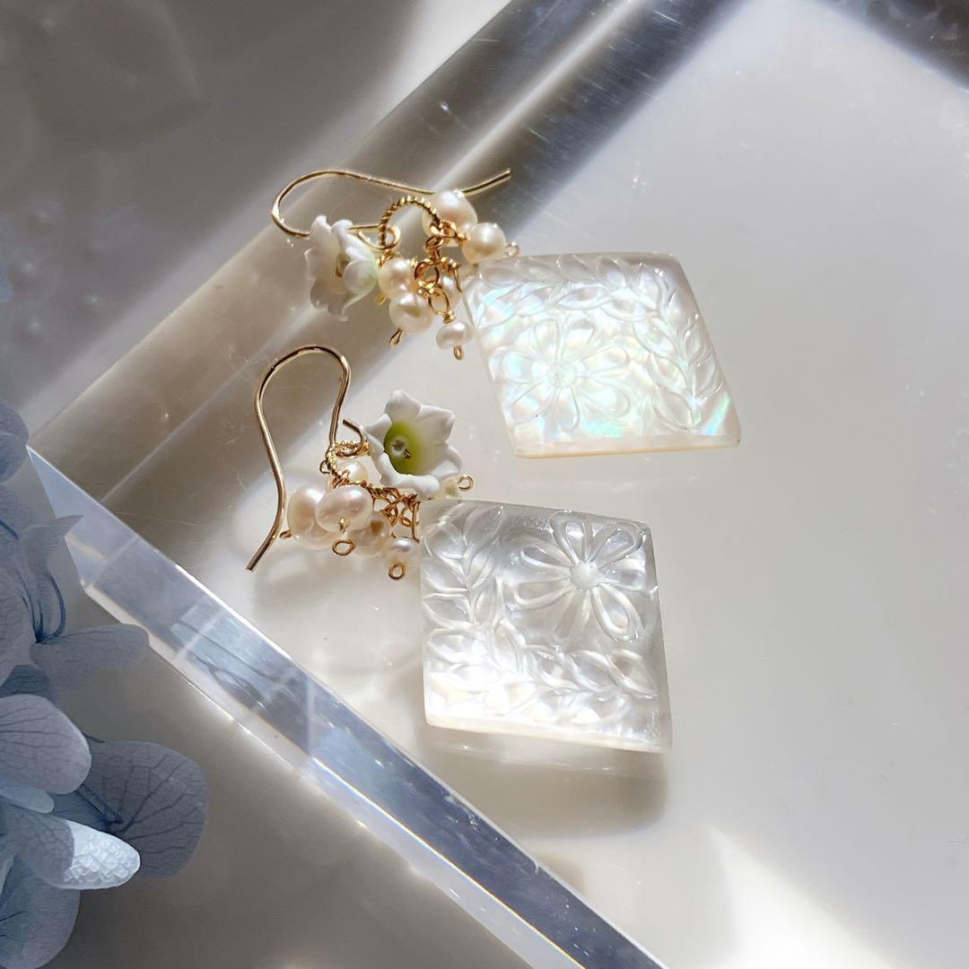 のんたん◆一点物✧水晶/MOPダブレットストーン×淡水パールピアス✧鈴蘭