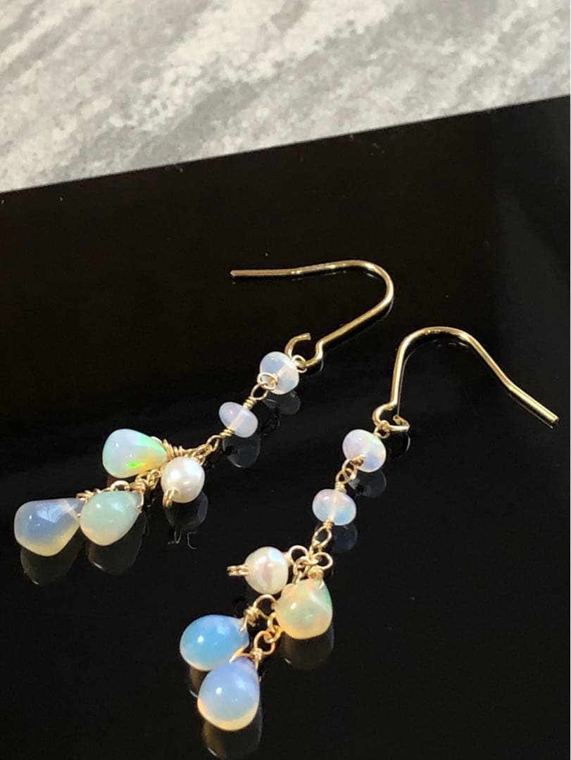 No.2229★14KGF天然石エチオピアンオパールのシャラシャラピアス