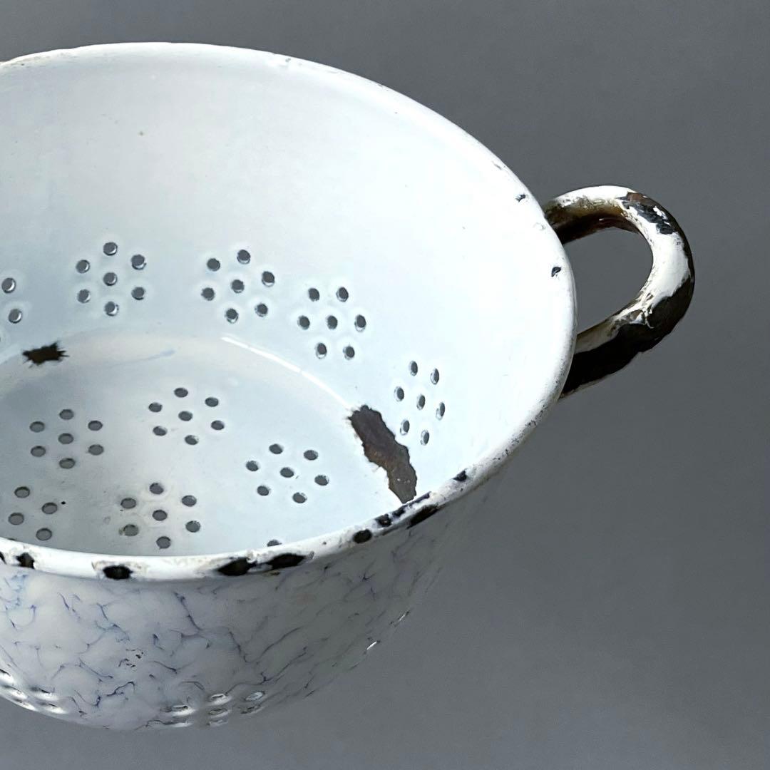 フランス BROCANTE ホーロー水切りコランダー 片手鍋 水色マーブル