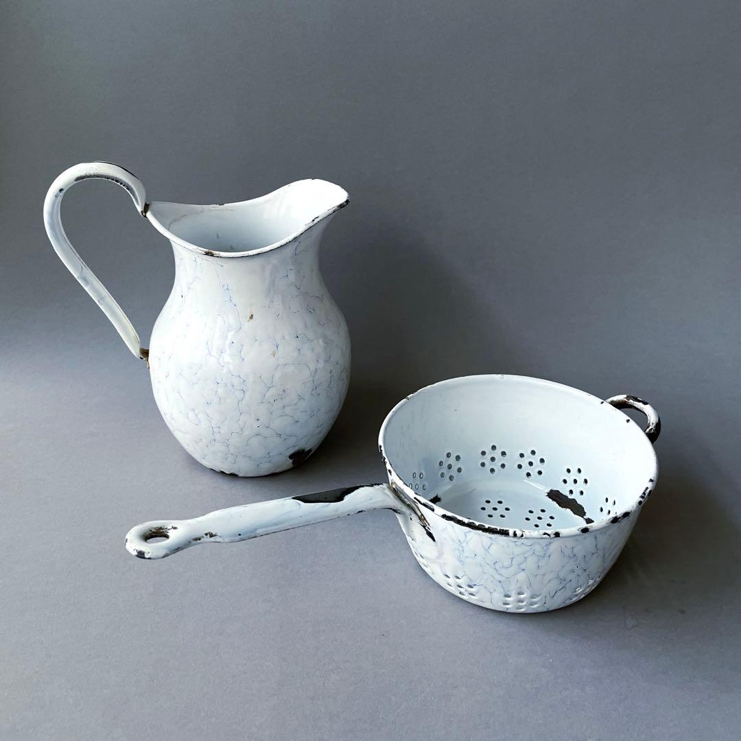 フランス BROCANTE ホーロー水切りコランダー 片手鍋 水色マーブル