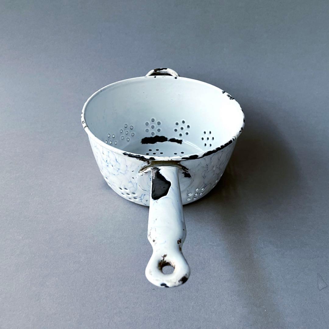 フランス BROCANTE ホーロー水切りコランダー 片手鍋 水色マーブル