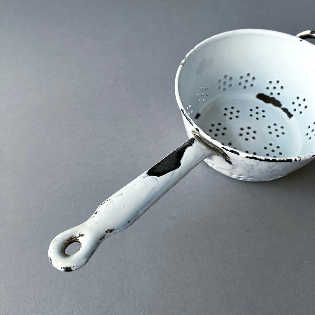 フランス BROCANTE ホーロー水切りコランダー 片手鍋 水色マーブル