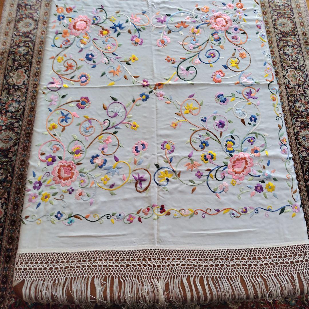 花柄刺繍テーブルクロス フリンジ付きビンテージ