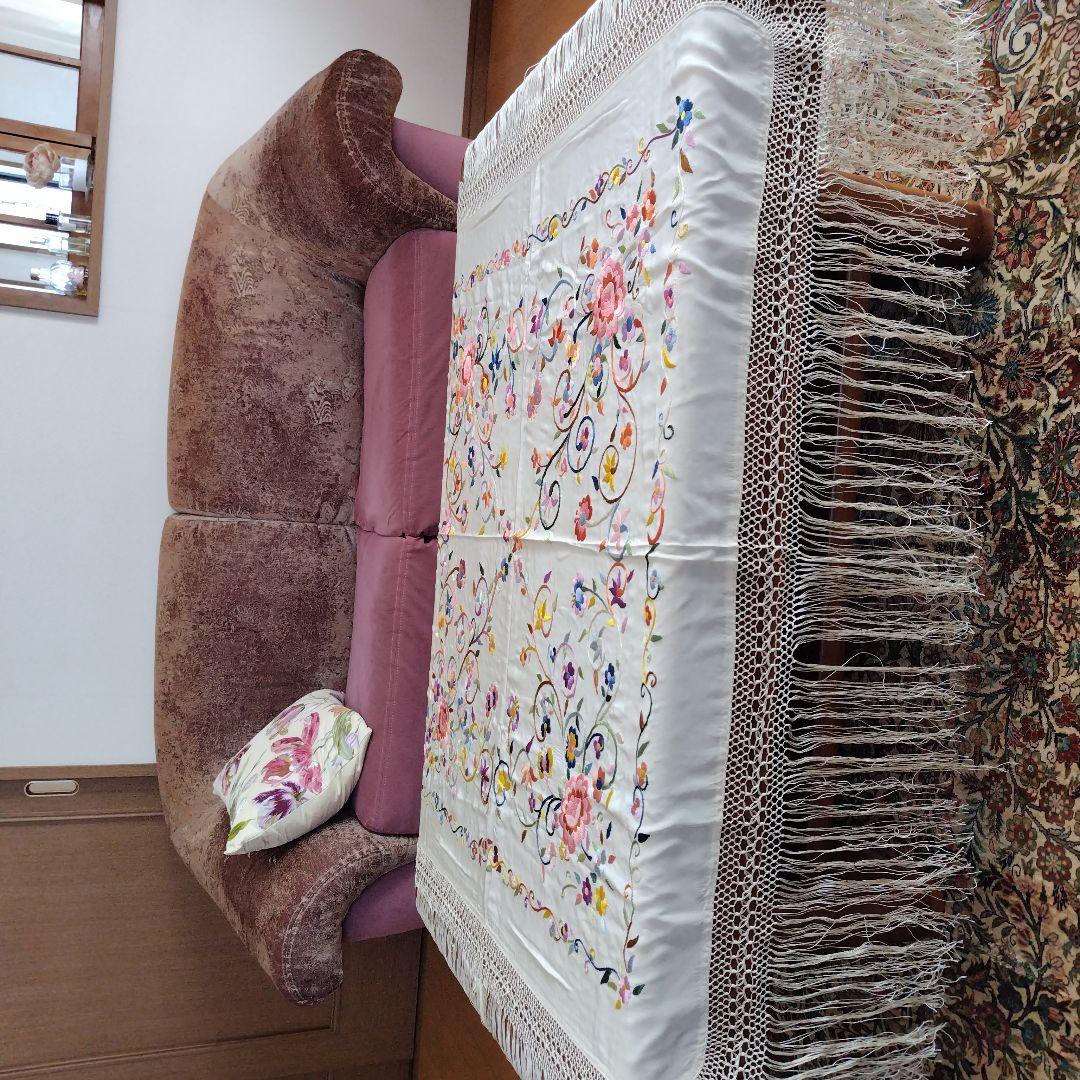 花柄刺繍テーブルクロス フリンジ付きビンテージ