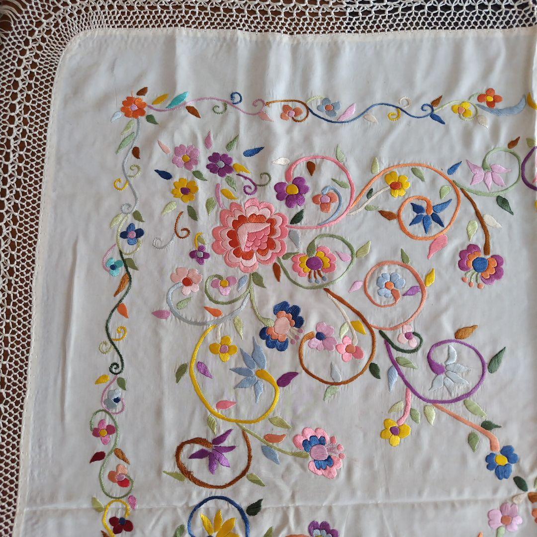 花柄刺繍テーブルクロス フリンジ付きビンテージ