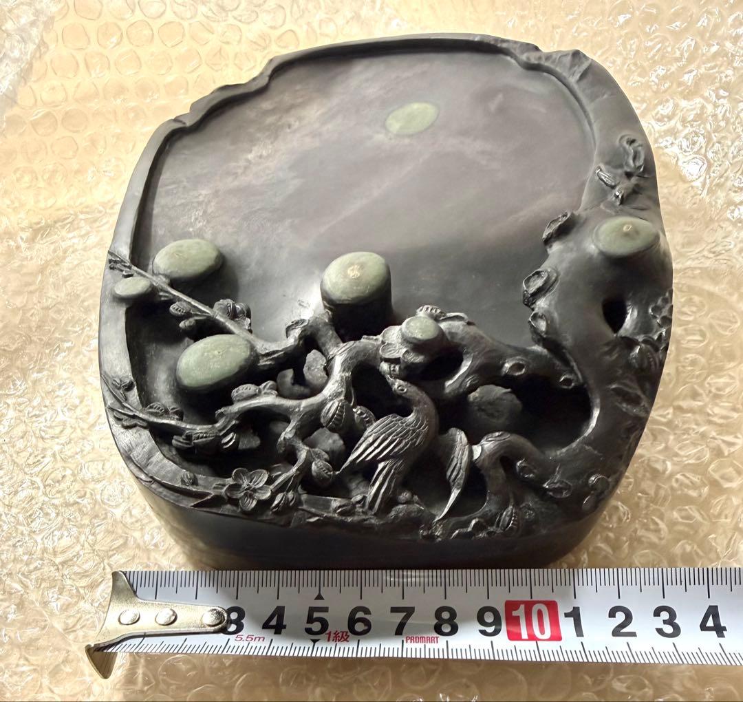 未使用 中国硯 端渓硯 斑点 石眼 硯 書道具 花鳥文 約3キロ