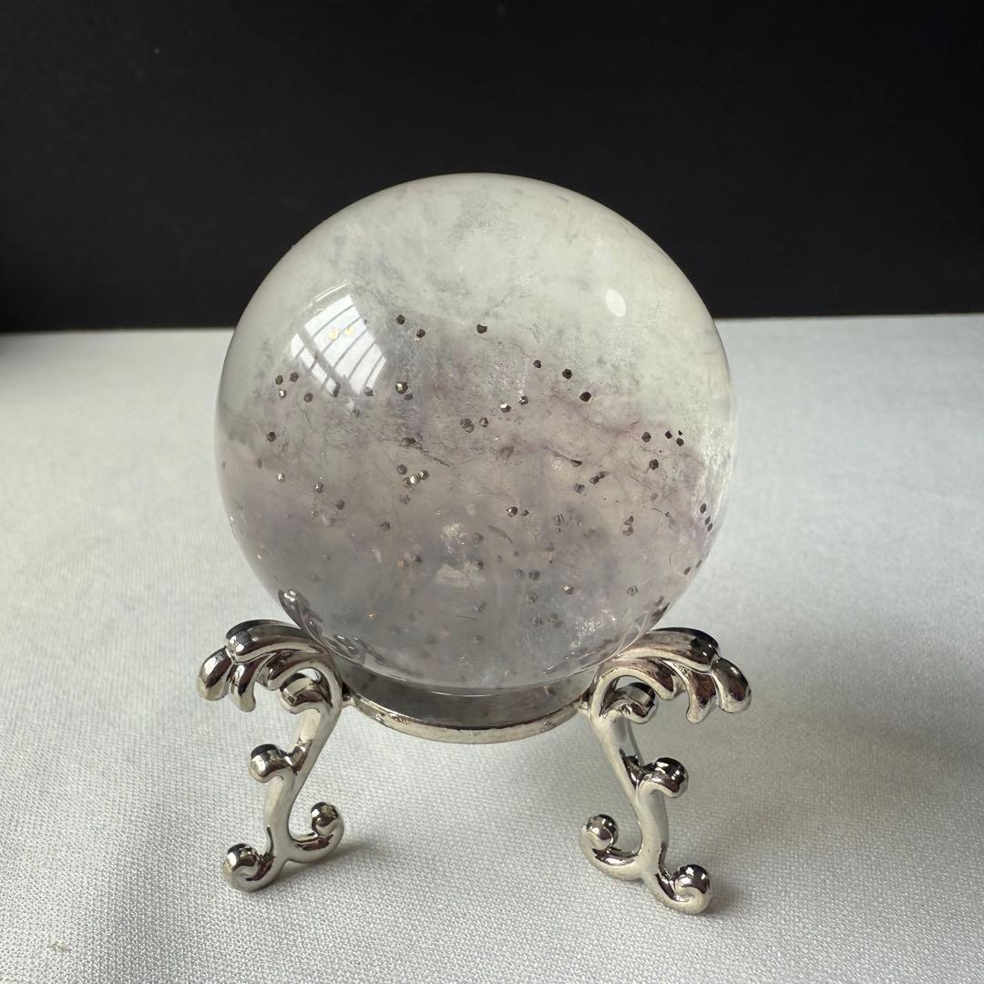 天然石パイライト共生フローライトのスフィア　丸玉　置物NO.020615