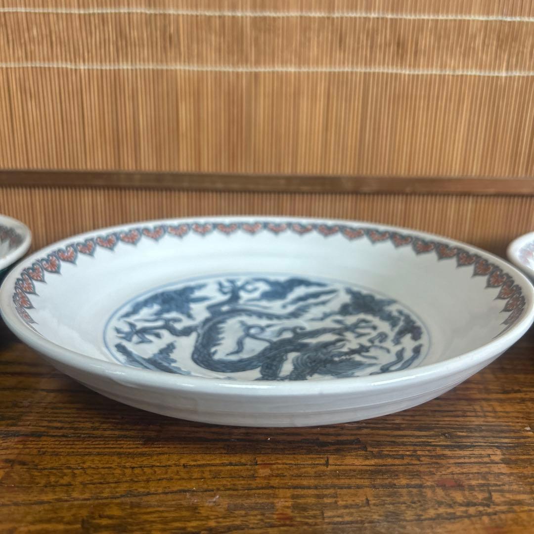 九谷焼　染付龍　鳳凰　獅子　三枚組中皿