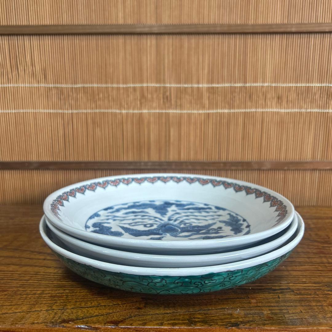 九谷焼　染付龍　鳳凰　獅子　三枚組中皿