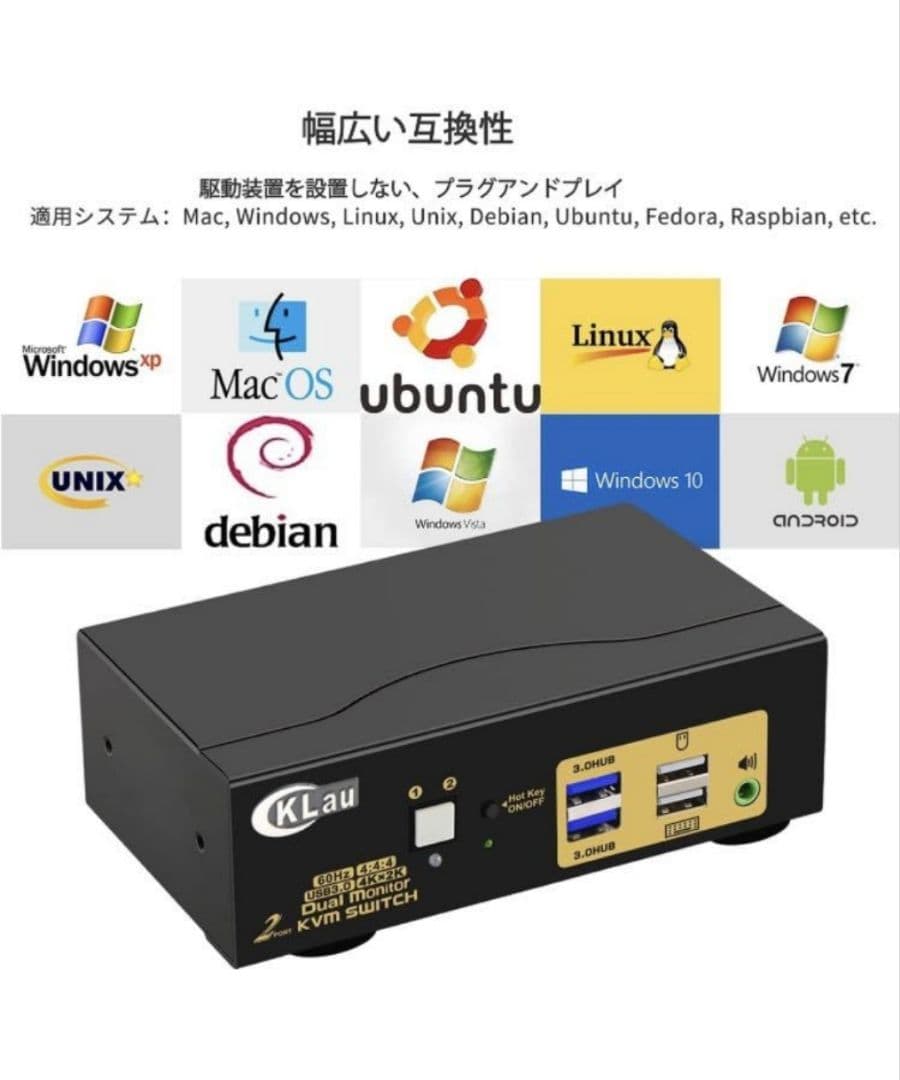 HDMI KVMスイッチ 2ポートデュアルモニター4K 60Hz