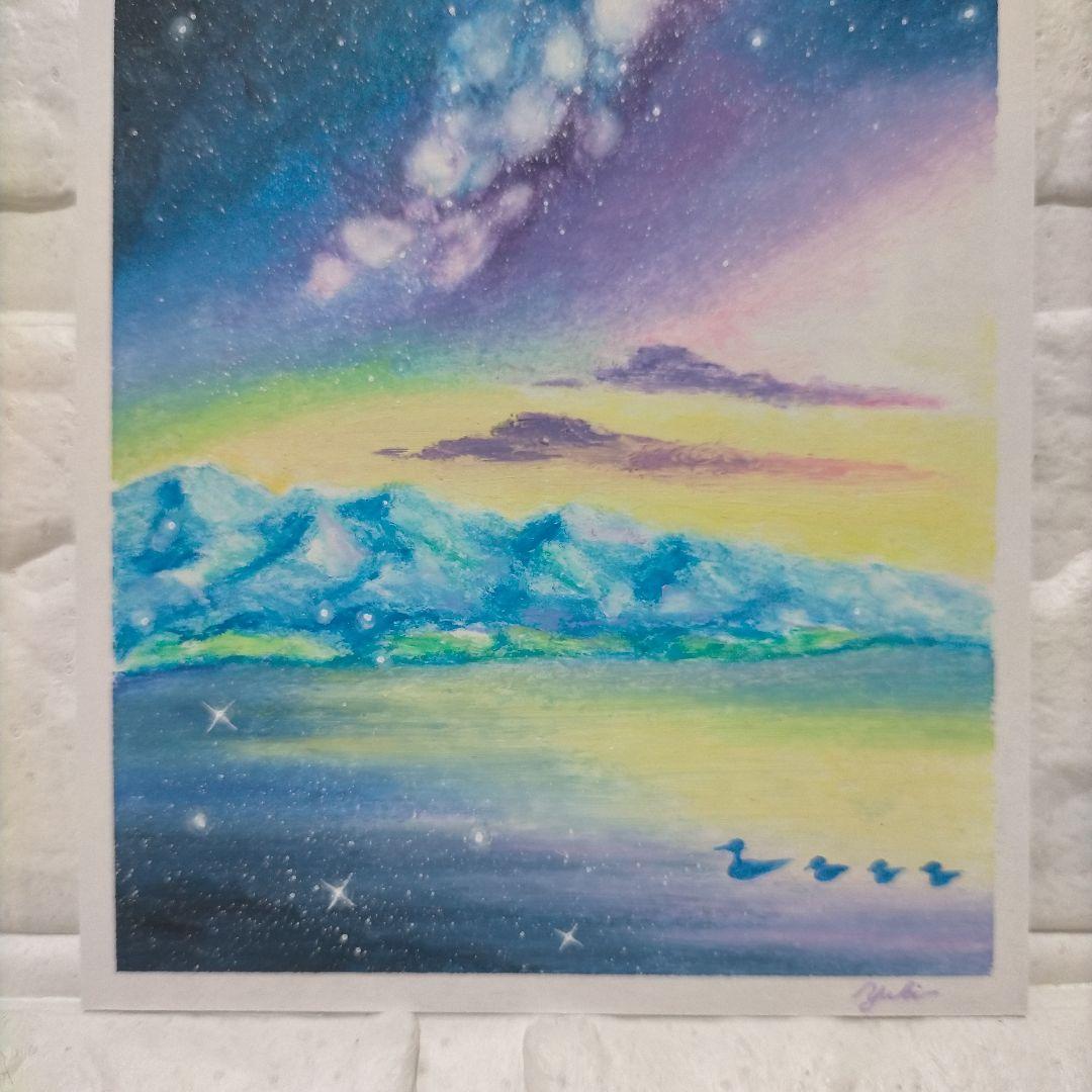 カルガモ親子と天の川 風景画 オイルパステル画 原画 ハガキサイズ #65