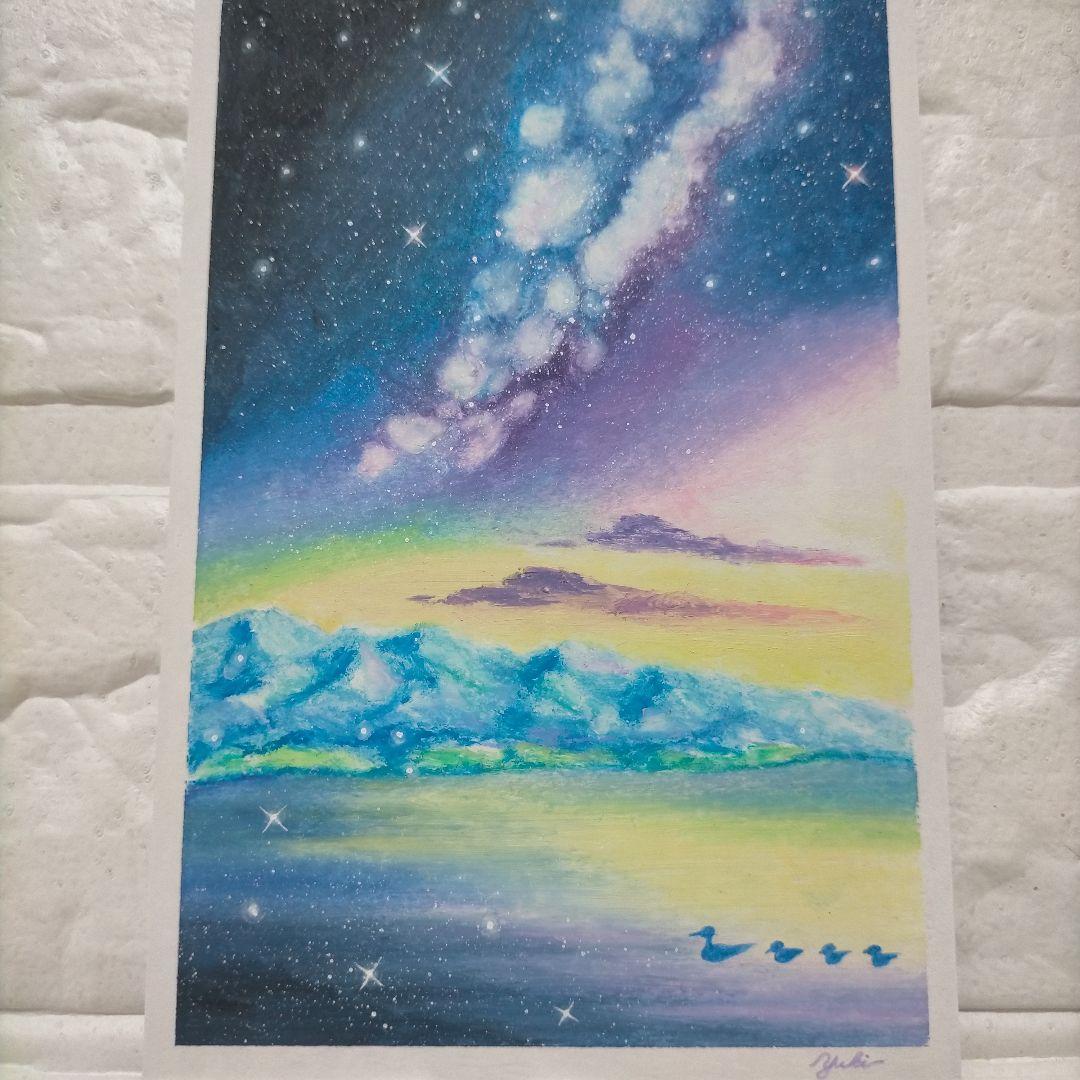 カルガモ親子と天の川 風景画 オイルパステル画 原画 ハガキサイズ #65