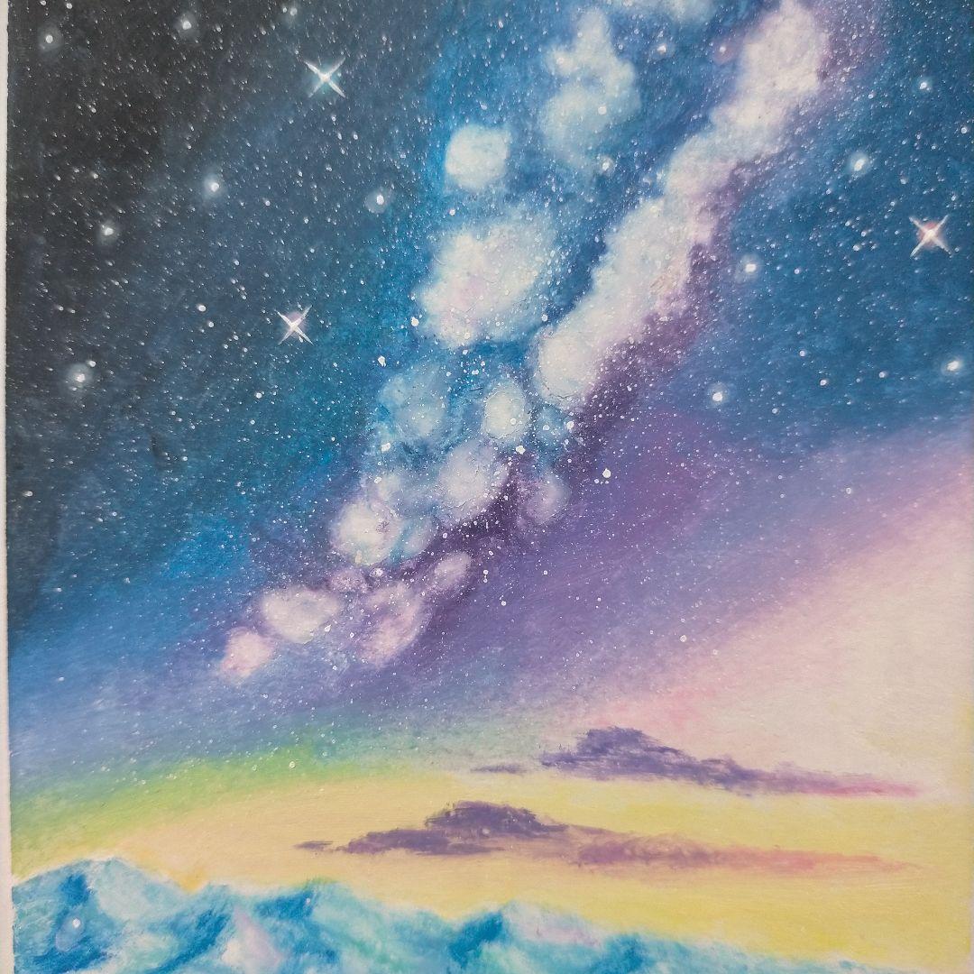 カルガモ親子と天の川 風景画 オイルパステル画 原画 ハガキサイズ #65