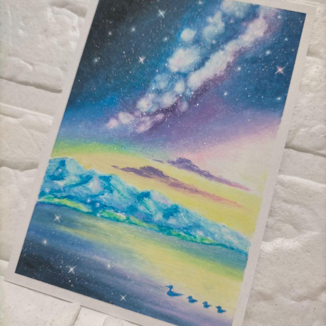 カルガモ親子と天の川 風景画 オイルパステル画 原画 ハガキサイズ #65